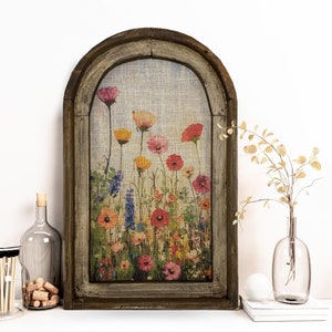 Flower Art in Arched Wood Frame | Farmhouse Botanical Wall Decor | Wildflower Field Art | Rustic Flower Farm | Cottagecore