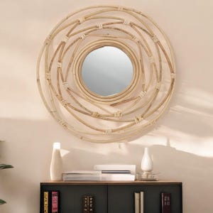 Handwoven Rattan Wicker Wall Mirror – Boho Decorative Hanging Mirror | Round Wooden Frame for Hallway, Bathroom, Bedroom & Living Room