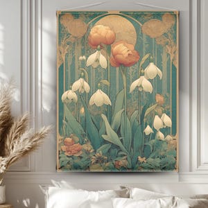 Wall Tapestry Art Nouveau Tapestry | Vintage Flowers Wall Hanging –Art Nouveau Abstract Wall Hanging on Linen Look Fabric