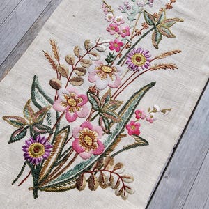 Vintage Botanical Embroidered Wall Hanging | Thick Linen Floral Tapestry | Hand Stitched Wildflowers | Retro Art | Rustic Textile Art Decor