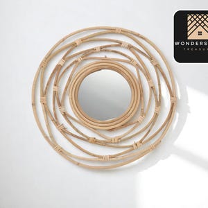 Handwoven Willow Mirror | Round Rattan Wall Decor | Bathroom Vanity Accent | Boho Woven Lace Frame | Home Reflective Glass