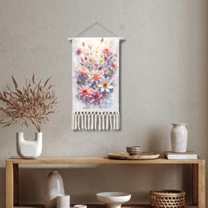 Romantic Floral Linen Wall Hanging Tapestry Boho Spring Bloom Home Decor Vintage Style Hanging Art Bedroom Entryway or Gallery Wall Display