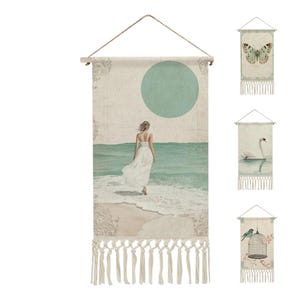 Vintage Cotton Linen Wall Hanging, Butterfly, Bird, Ocean Girl Print, Tapestry with Tassels, Boho Wall Art, Cottagecore Decor, Nature Print